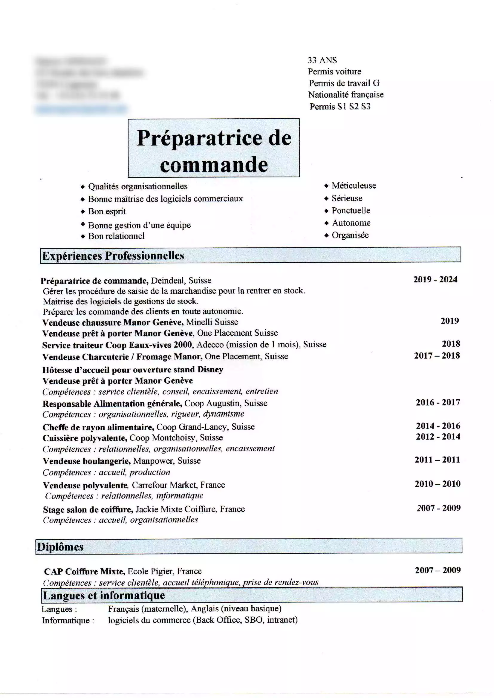 CV suisse de Marion Germain, employée logistique, présentant ses qualités, son expérience professionnelle et ses compétences.